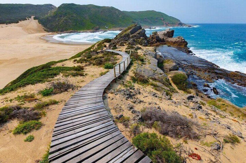 A wooden boardwalk along a coastal cliff with a beach and ocean in the background. 5
