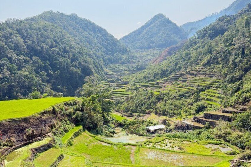 Terraced rice fields, a mountain range, and a river. 4