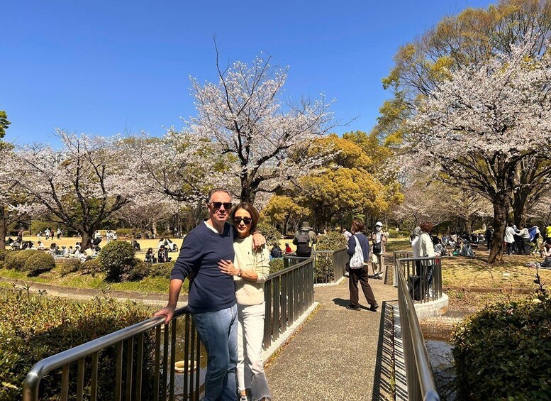 A couple standing on a bridge in a park with cherry blossoms. 3