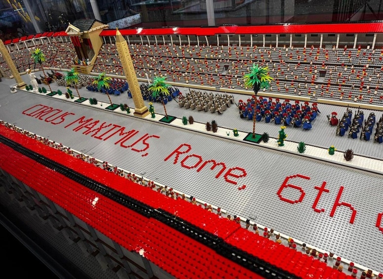 A LEGO model of a stadium with 'CIRCUS MAXIMUS Rome' written on the seating. 2