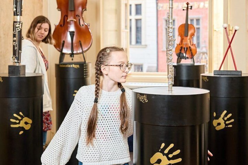 A person standing in front of a music stand with a violin and a flute. 4