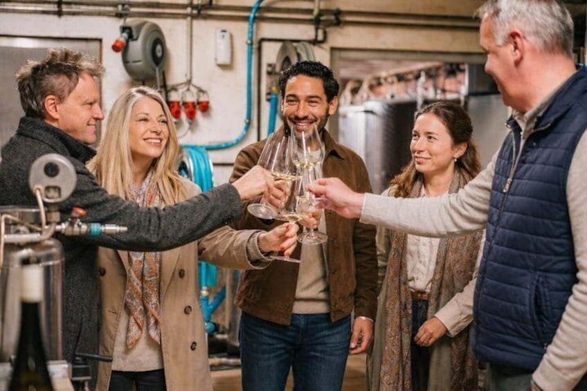 A group of people toasting with wine glasses in a cellar. 1