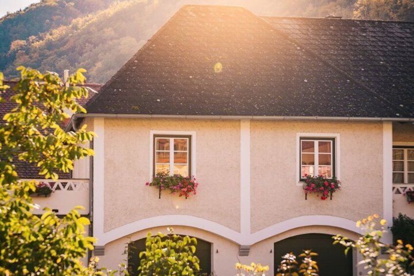 A house with a sloped roof, two windows with flower boxes, and a curved entrance. 2