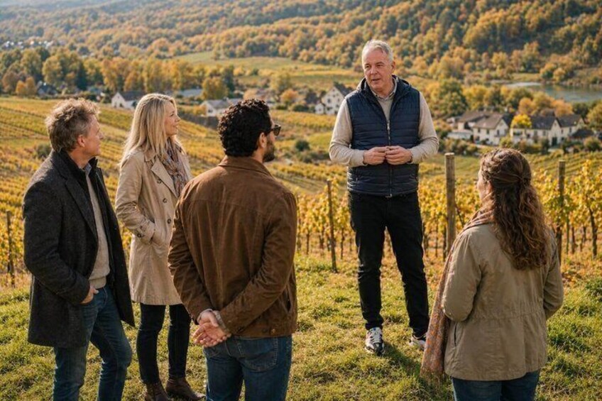 A group of people standing in a vineyard with rows of grapevines and houses in the background. 4
