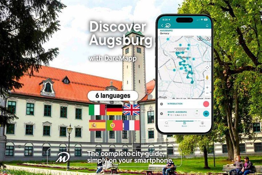 A cityscape with a smartphone displaying a map, flags of six languages, and a building with a red roof. 1