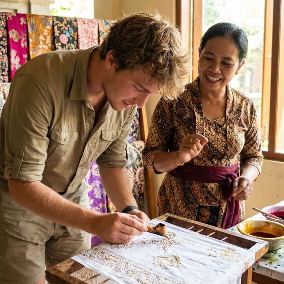 Two people engaged in a craft activity, possibly embroidery or calligraphy, with a patterned tablecloth and a bowl of liquid on the table. 5