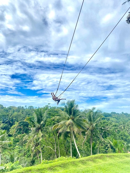 A person bungee jumping with a lush green landscape and palm trees in the background. 4
