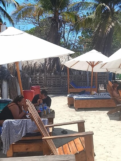 A beachside lounge with wooden loungers and white umbrellas, surrounded by palm trees and a wooden fence. 4