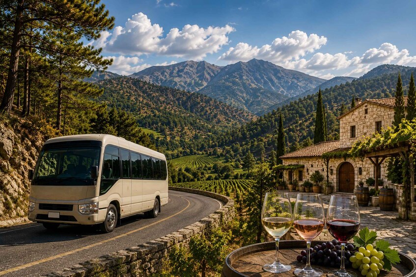 A bus on a winding road, vineyards, mountains, and a stone building. 1