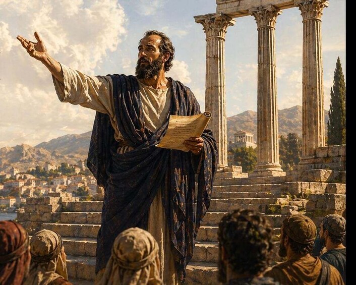 A person in ancient attire addressing an audience, with classical columns and a mountainous backdrop. 1