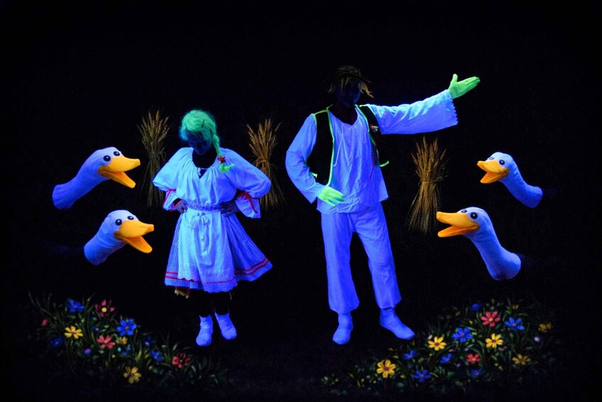 Two people in white costumes with duck heads, surrounded by glowing duck figures. 4