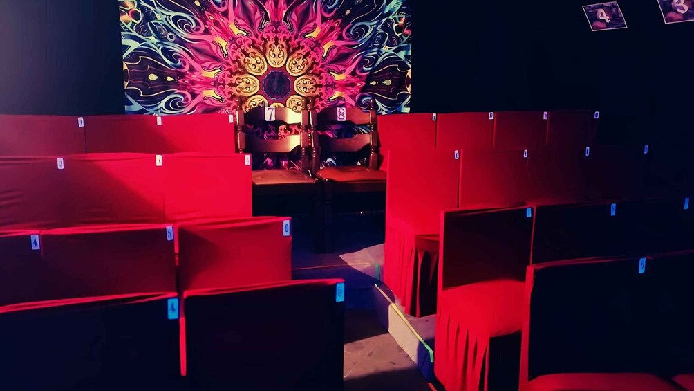 A theater with red seating and a colorful tapestry on the wall. 5