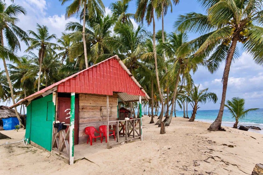 A beach with a small wooden hut, red chairs, and palm trees. 1