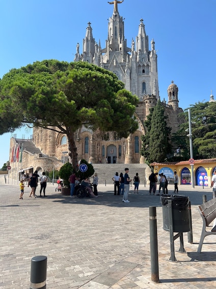 A historic cathedral with a large tree in the foreground and people walking around. 5