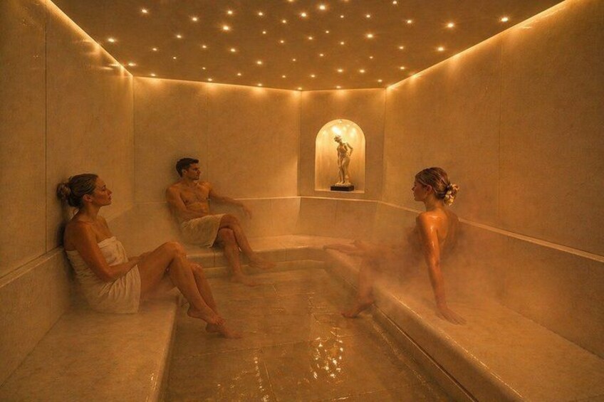 A sauna with three people sitting on benches, a statue in the background, and a ceiling with small lights. 4