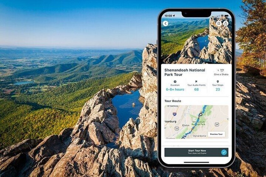 A smartphone displaying a map of Shenandoah National Park Tour with a scenic view of a rocky landscape and a lake. 1