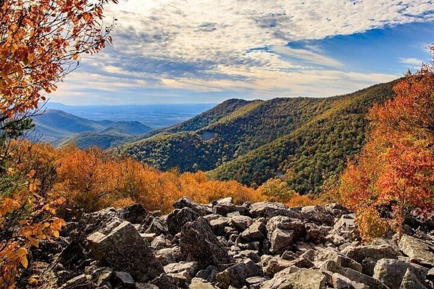 A mountainous landscape with autumn foliage, rocky terrain, and distant hills. 3