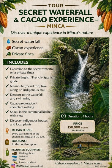 A tour package in Minica, including a waterfall hike, cacao experience, and local plant discovery. 2