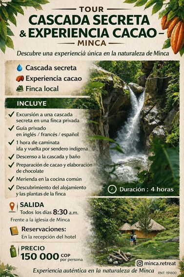 A tour package for a secret waterfall and cacao experience in Minca, including a 4-hour hike, cacao preparation, and a communal meal. 3
