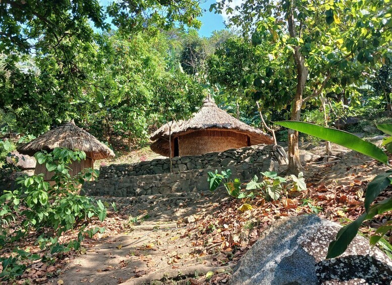A rural setting with traditional thatched-roof huts, surrounded by dense foliage and a stone wall. 5