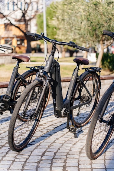 A black electric bicycle with a brown seat and a black bag attached to the frame, parked on a cobblestone path. 5