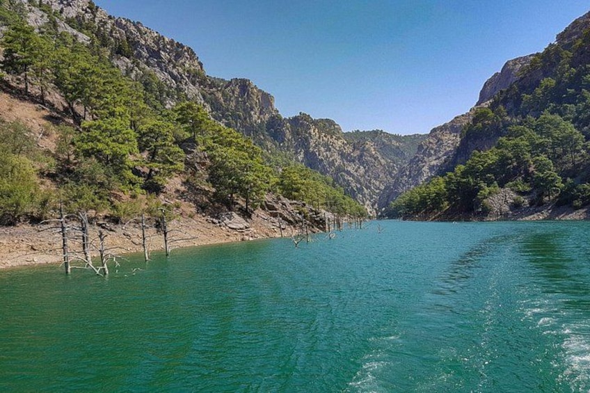 A river surrounded by rocky cliffs and sparse trees. 4