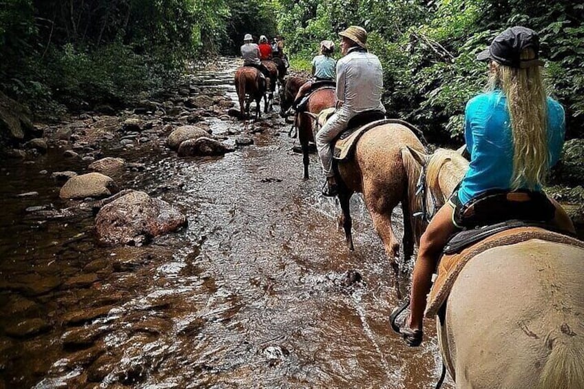 A group of people riding horses along a rocky stream in a forested area. 3