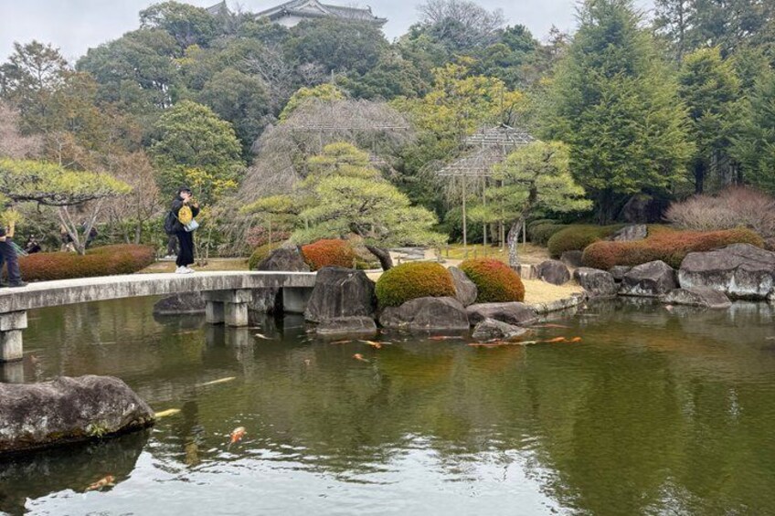 A tranquil garden with a stone bridge, koi fish pond, and traditional Japanese architecture. 3