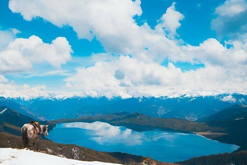 A mountain landscape with a lake, snow-capped peaks, and a horse. 1