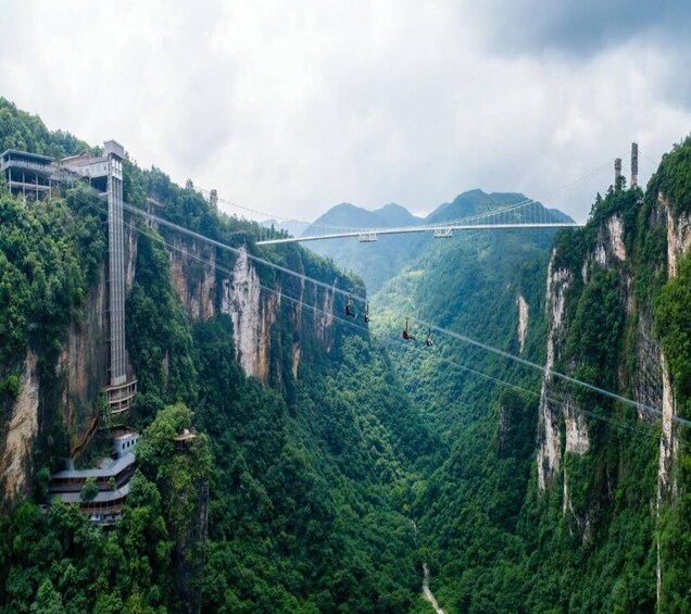 A suspension bridge with cables and a cable car system in a mountainous area. 3