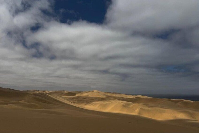 Wüstenlandschaft mit Sanddünen unter einem bewölkten Himmel. 1