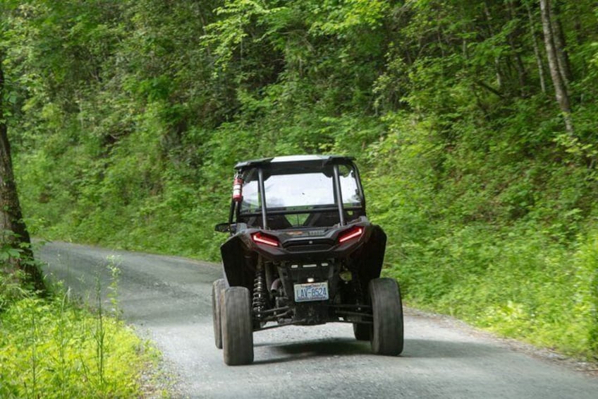 A black off-road vehicle driving on a narrow road surrounded by dense forest. 2