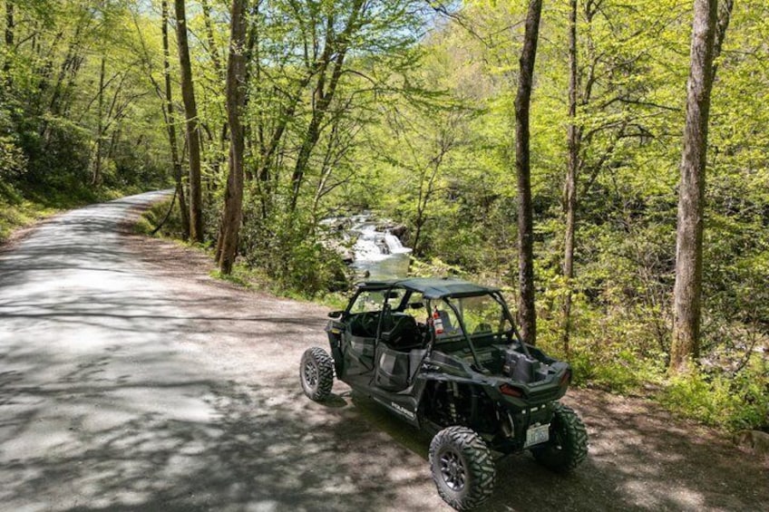 A black off-road vehicle parked on a forested path. 4
