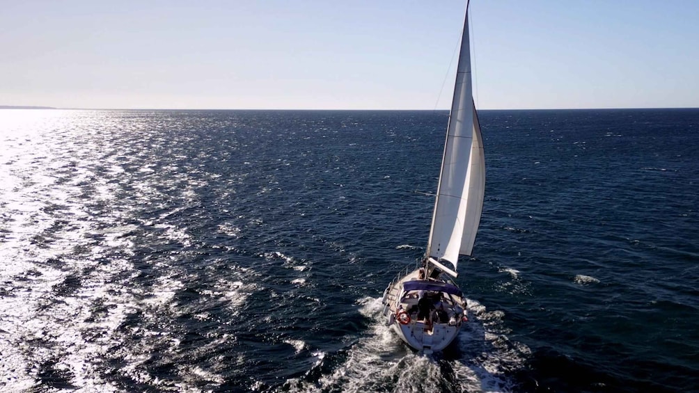 A sailboat with a single sail on a calm sea. 1