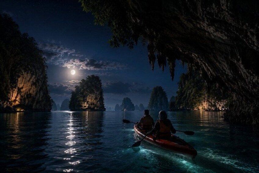 A nighttime kayaking scene with a full moon, calm water, and rocky islands. 1