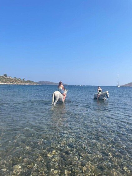 Two people riding horses in shallow water with a clear sky and distant boats. 5