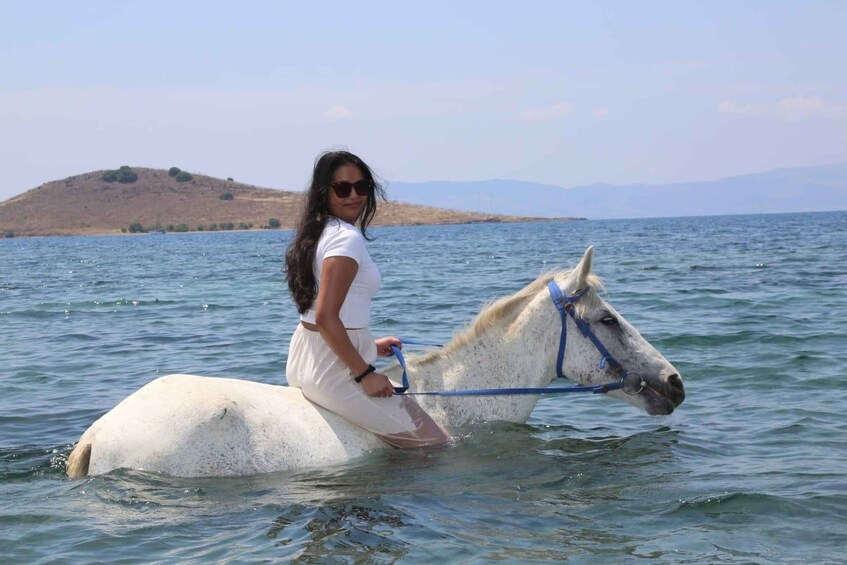 A person riding a white horse in a body of water with a hilly landscape in the background. 2