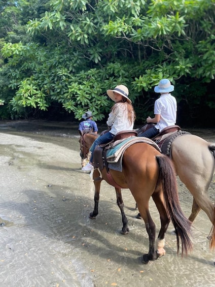 Three people riding horses along a concrete path with dense green foliage in the background. 1
