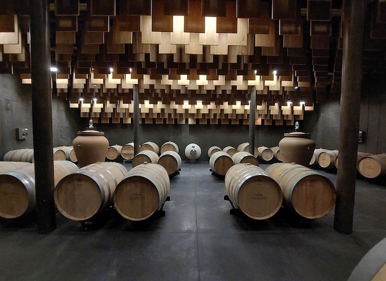 A wine cellar with wooden barrels and a patterned ceiling. 4