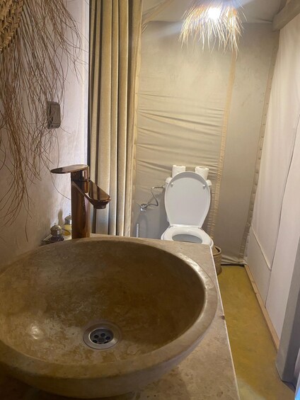 A bathroom with a large, round sink, a toilet, and a shower curtain. 3