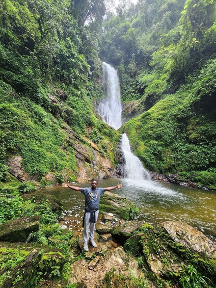 A waterfall in a lush green forest with a person standing on rocks in the foreground. 3