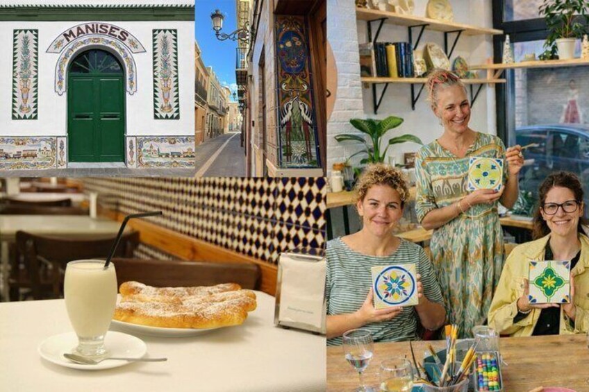A café interior with a checkered floor, a green door, and a dessert on the table. 1