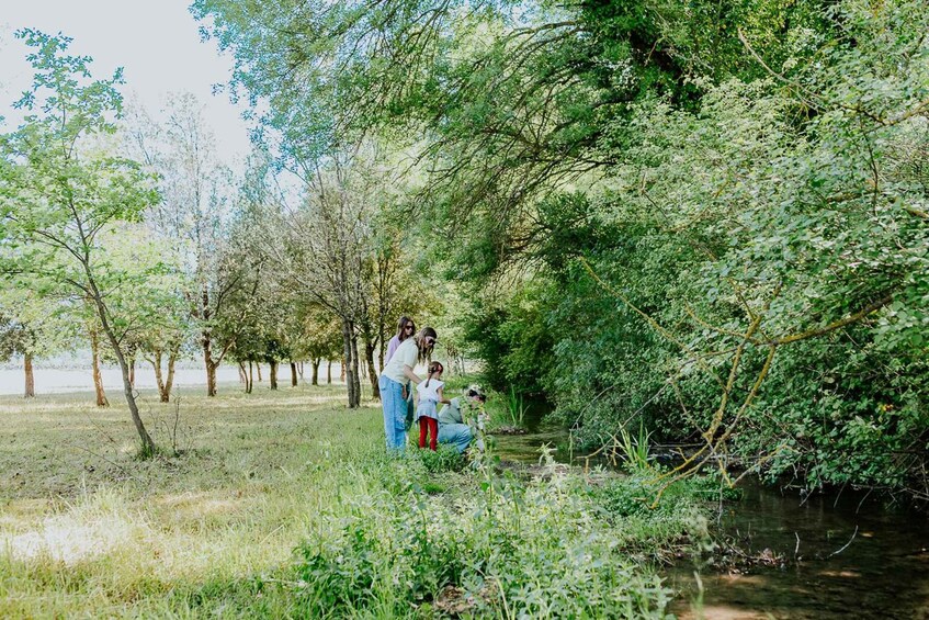 A group of people near a river in a wooded area. 3