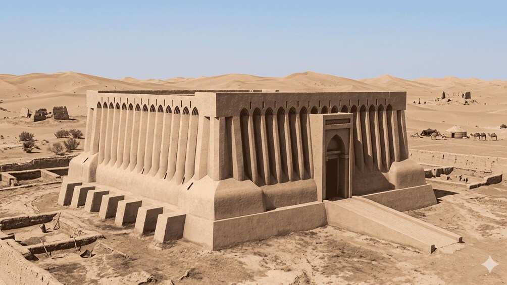 A large, ancient stone structure with a central doorway, surrounded by desert dunes and sparse vegetation. 3
