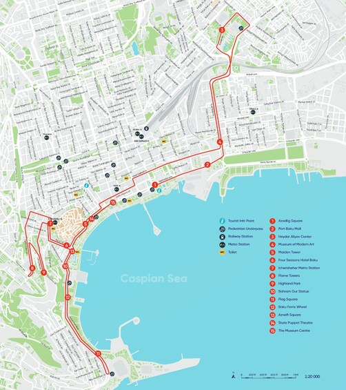 A map with a red route highlighting tourist attractions along the coast, including Azadig Square, Port Bakki Mall, Heydariye Center, and others. 3