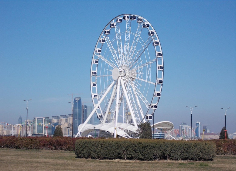 A large Ferris wheel with a city skyline in the background. 5