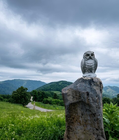 A stone owl statue on a pedestal overlooking a lush valley with mountains in the background. 3