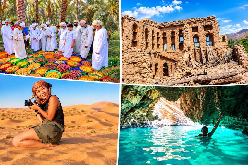 A group of people in traditional attire, a historic building, a desert landscape, and a cave with a waterfall. 2