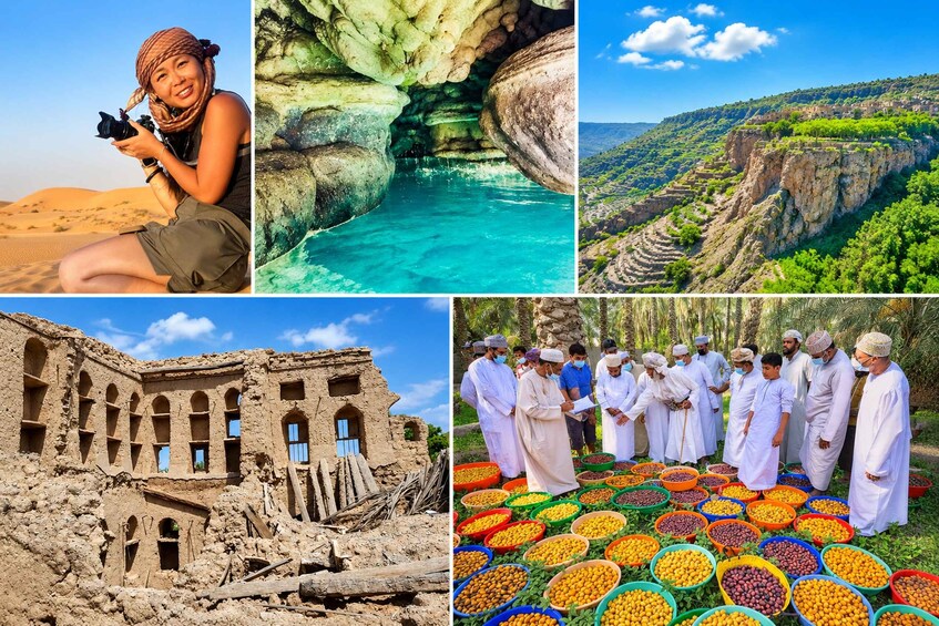 A desert landscape, a cave with turquoise water, terraced hills, ancient ruins, and a market with colorful fruits. 3