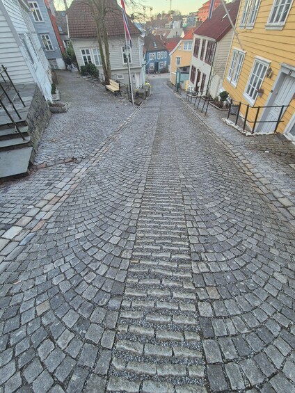 A cobblestone street lined with colorful buildings, a flagpole, and a staircase leading up to a building entrance. 3